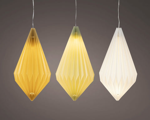 Drei geometrische led ornament pvc dauerbetrieb außen pendelleuchten mit gefalteten, transluzenten papierlampenschirmen in gelb und weiß