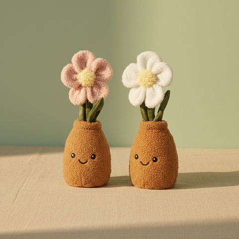 Zwei plüschblumen im topf mit lächelnden gesichtern und rosa sowie weißen flauschigen blüten