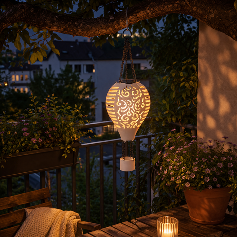 Warme solar luftballonlaterne mit flammeneffekt 10 led weißer keramikkörper und sandfarbene cut-out muster hängt am ast