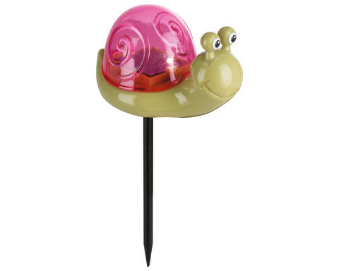 Pink und grüne lumileo solar gartenstecker schnecke mit warmweißem licht und lächelndem gesicht aus kunststoff