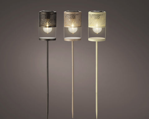 Solar-gartenfackel mit filament-led in schwarz beige und creme mit metallkappen und klarglasgehäuse