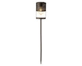 Solar-gartenfackel schwarz metall mit filigranem cut-out muster und klarem glaszylinder mit filament-led