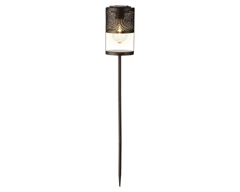 Solar-gartenfackel schwarz metall mit filigranem cut-out muster und klarem glaszylinder mit filament-led