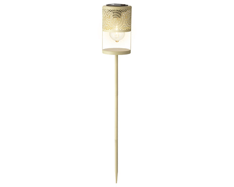 Beige solar-gartenfackel mit filament-led und dekorativer perforierter metallspitze samt klarem glasgehäuse