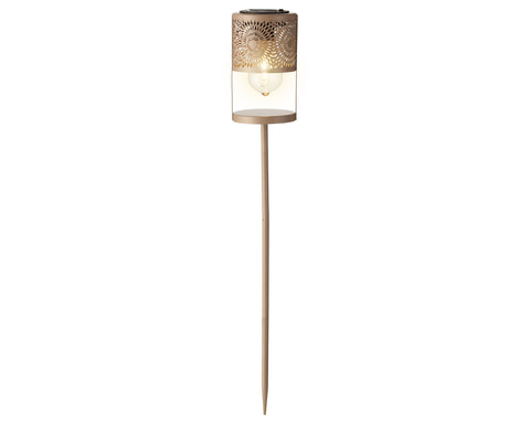 Goldfarbene Solar-Gartenfackel mit klarer Glaskugel und filigranem Cut-out-Muster mit Filament-LED