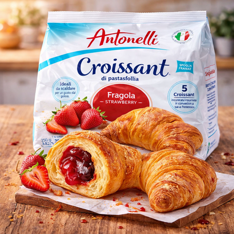 Antonelli croissants gefüllt 225-250 g mit goldbraunem blätterteig und roter marmeladenfüllung in verpackung