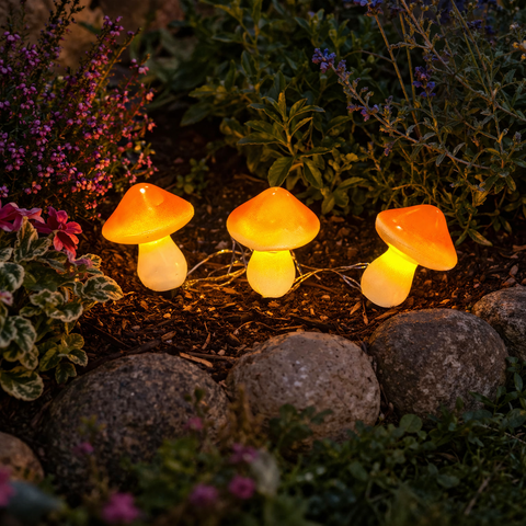 Drei orange leuchtende led solar pilze 8x10cm mit durchscheinenden kapseln als gartenwegbeleuchtung
