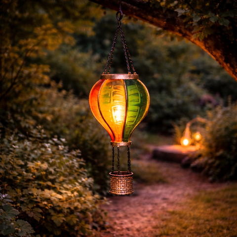 Ein solar luftballon mit flammeneffekt aus orange-grünen glasplatten hängend an einer baumzweigkette