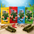 Vier bunte selec rolling bite seaweed snacks pakete mit verschiedenen geschmacksrichtungen und cartoondesigns seetang geröstet 24-28 g