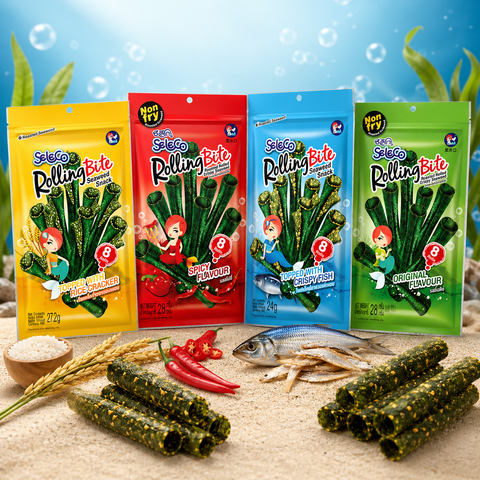 Vier bunte selec rolling bite seaweed snacks pakete mit verschiedenen geschmacksrichtungen und cartoondesigns seetang geröstet 24-28 g