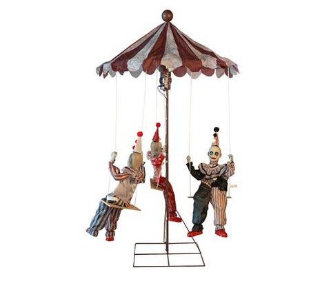 Vintage karussell mit 3 bemalten holzclowns unter rotweiß gestreiftem dach aus marionettenholz 220 cm