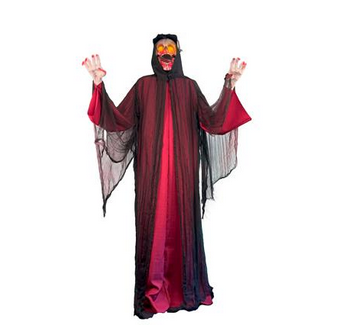 Animatronic greifender tod 210 cm in rotem und schwarzem robe mit durchsichtigen ärmeln und bedrohlicher kapuze