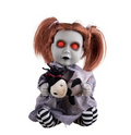 Geister-dolly animiert 26 cm halloween-puppe mit leuchtend roten augen, rötlich-braunen pigtails, grauem kleid und schwarz-weiß gestreiften leggings