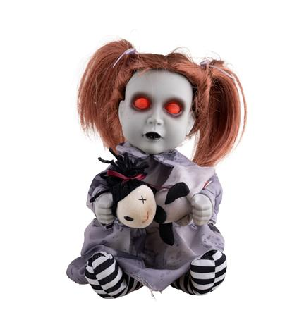 Geister-dolly animiert 26 cm halloween-puppe mit leuchtend roten augen, rötlich-braunen pigtails, grauem kleid und schwarz-weiß gestreiften leggings