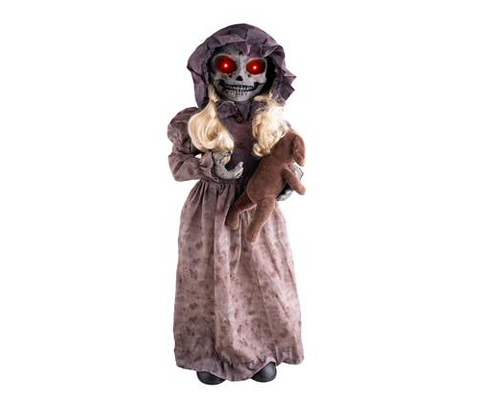 Spukpuppe mit drehendem kopf 95 cm animatronische doll mit leuchtend roten augen und schädelgesicht in dunkelviolettem kapuzengewand