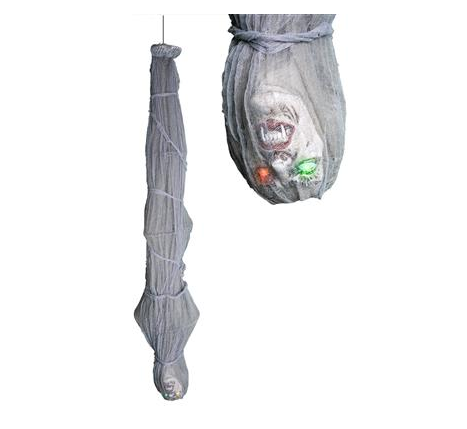 Led-hängende mumie 180 cm aus grauem mesh mit grün und orange leuchtendem gesicht als halloween-dekoration