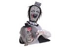 Animatronischer tischclown 55 cm mit schwarz weiß gestreiftem hut und outfit hält abgetrennten kopf mit grauem haar
