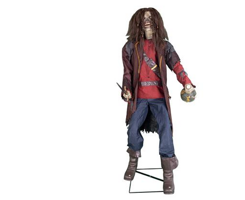 Lebensgroße halloweenbereite animatronische pirat pete figur 183 cm mit rotem mantel und blauer jeans