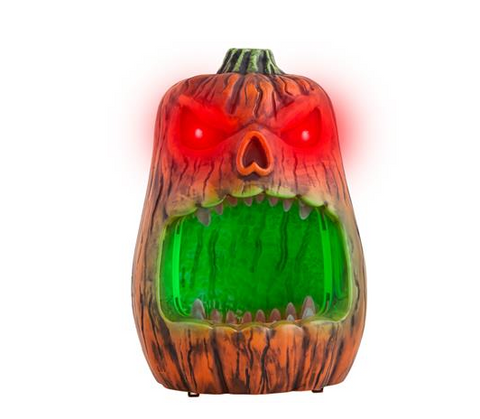Beißende kürbis-bonbonschale 33 cm leuchtend orange mit roten led-augen und grünem leuchtmund in schreiendem design