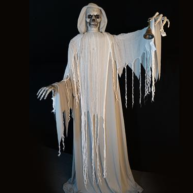 Animatronic glockenspieler-skelett 182 cm mit weißer zerlumpter geisterfigur und skelettgesicht mit ausgestreckten armen