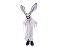 Ein weißes animatronisches horror-kaninchen mit langen ohren und leuchtend roten augen 100 cm groß