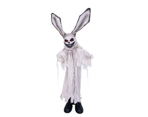 Ein weißes animatronisches horror-kaninchen mit langen ohren und leuchtend roten augen 100 cm groß