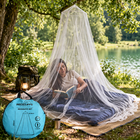 Weißes mesh moskitonetz 1000x250cm über person im freien mit blauem tragetasche von redcliffs outdoor gear