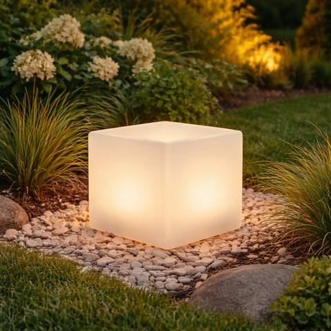 Glühende weiße solar würfelleuchte led 20x20 cm mit weichem, diffusen licht für den außenbereich