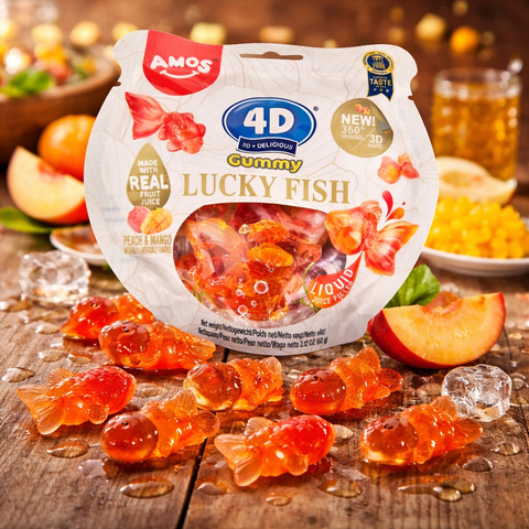 Pack of amos 4d lucky fish gummy candies in peach and mango flavor shaped like translucent orange fish with clear window