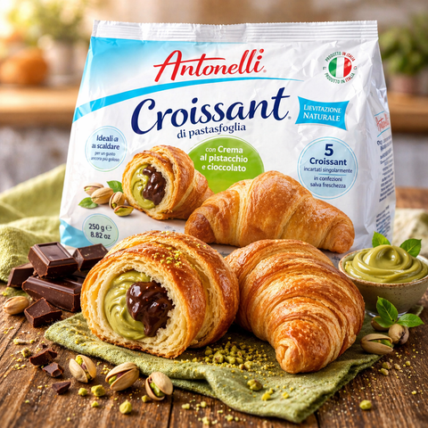 Antonelli croissants gefüllt 225-250 g mit weiß-blauem design und pistaziencreme und dunkler schokoladefüllung