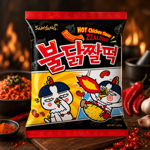 Zzalduk topokki chicken snack 120 g in rot schwarzer samyang hot chicken geschmack verpackung