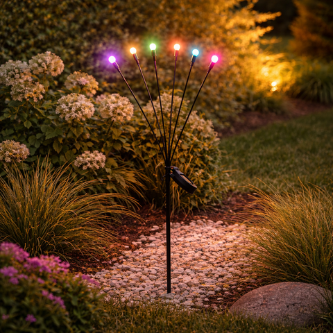 Solar-stabbeleuchtung glühwürmchen bunt schwarzes solar-gartenlicht mit bunten led-glühbirnen in baumform