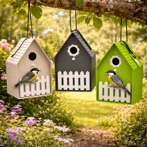 Nistkasten mit gartenzaun drei hängende vogelhäuser in beige dunkelgrau und limettengrün mit weißem lattenzaun