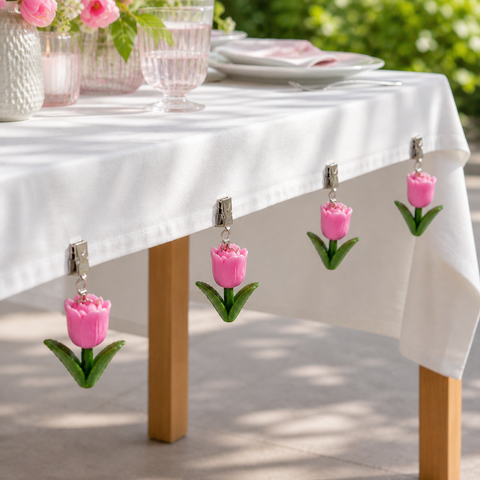 Tischdeckengewicht tulpe 4er set mit rosa tulpenförmigen clips grüne blätter und silberne metallklammern