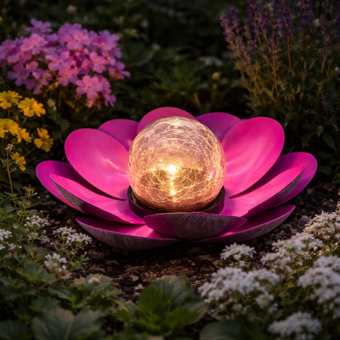 Vibrante pinkfarbene solar-gartenleuchte in lotusform mit rissigem glasglobus und warmem leuchten 20cm
