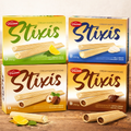 Vier bunte packungen vincinni stixis waffelstäbchen mit zitronen, milchschokolade, haselnuss- und kakaocreme 250 g