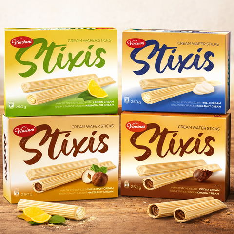 Vier bunte packungen vincinni stixis waffelstäbchen mit zitronen, milchschokolade, haselnuss- und kakaocreme 250 g