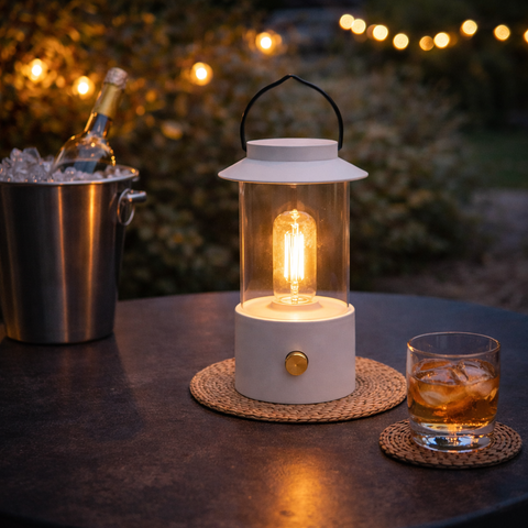 Weiße laterne mit klarglasgehäuse und edison-leuchtmittel, schwarzer griff und goldfarbener basisknopf, warmweiß dimmbar
