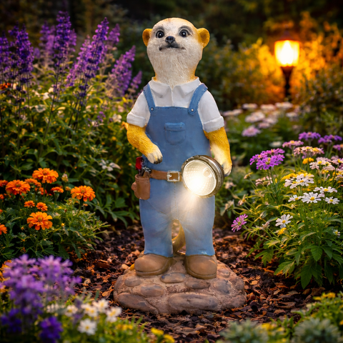 Solar erdmännchen handwerker 30cm gartenstatue in blauen overalls mit weißem hemd und leuchtender solar taschenlampe