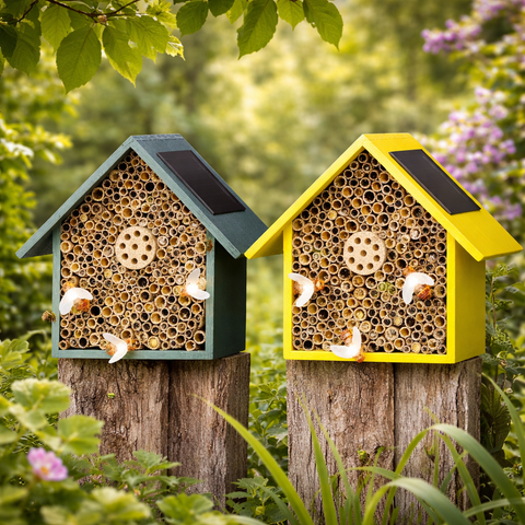 Zwei bunte led insekten hotels 21cm in türkis und gelb mit solarpaneelen und bambusrohren in hausform
