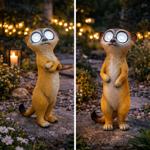 Solar erdmännchen led gartenfigur in tann und cremefarben mit leuchtenden led-lichtern in den augen