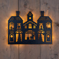 Led aufhänger black-wall weihnachtshäuser dunkelblaue metallschmuck wandlampe mit leuchtenden fenstern