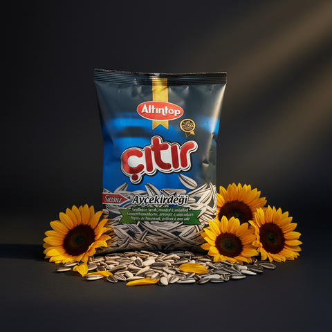 Altıntop sonnenblumenkerne ungesalzen 180g in einer blauen und goldenen glänzenden plastikverpackung mit weißen und schwarzen samenillustrationen
