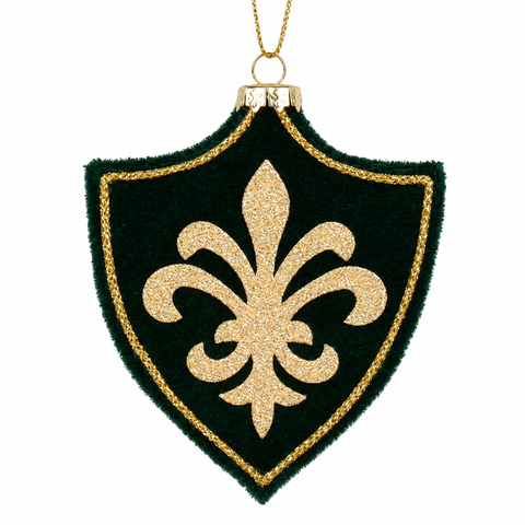 Darkgrüner samtanhänger in schildform mit glitzerndem goldfleurdelis und passender goldborte 1x9x9,5cm