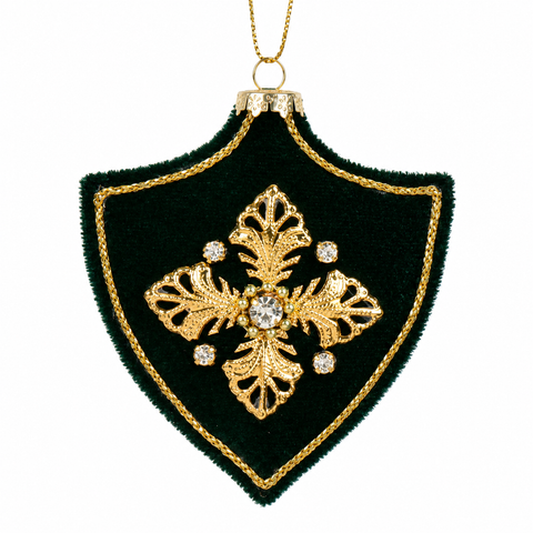 Anhänger samt 1x9x9,5cm mit dunkelgrünem samt, goldener stickerei und zentralem kreuz mit klaren strasssteinen