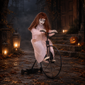 Eine animatronische halloween-puppe namens cycling cindy in einem blassrosa kleid fährt ein antikes schwarzes fahrrad