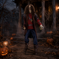Animatronische pirat pete zombiefigur mit langen braunen haaren und zerrissenem roten mantel über blauer hose 183 cm