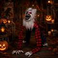 Animatronischer heulender werwolf 40x73 cm mit weißem fell, leuchtend roten augen, scharfen zähnen und karierter jacke