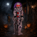 Ein animierter clown 110 cm mit leuchtend roten augen, lila haaren und weißem outfit mit schwarzen streifen und bunten punkten