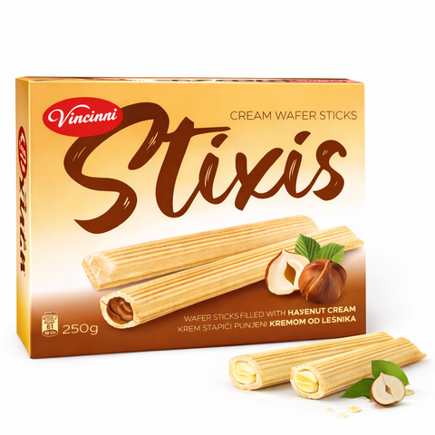 Vincinni stixis waffelstäbchen haselnusscreme 250 g in goldbrauner box mit glänzenden haselnusscreme gefüllten waffelstäbchen